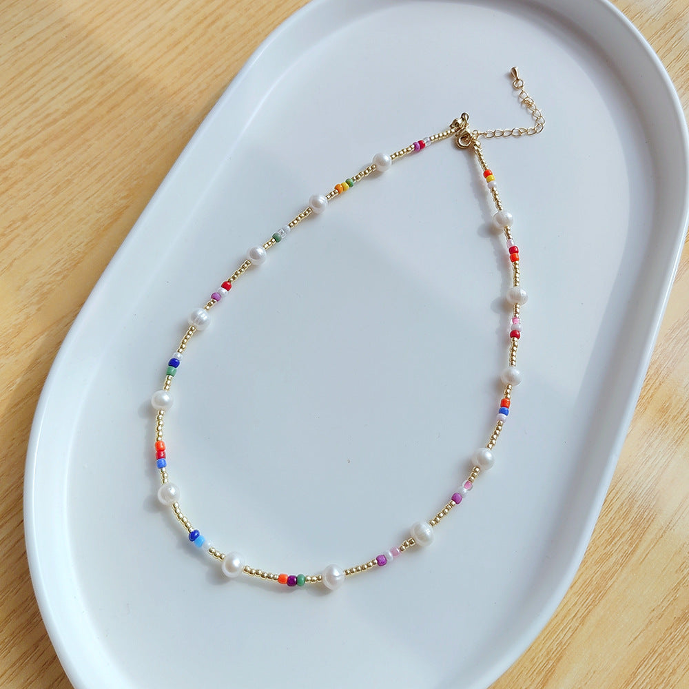 Multicolor & pearls choker necklace