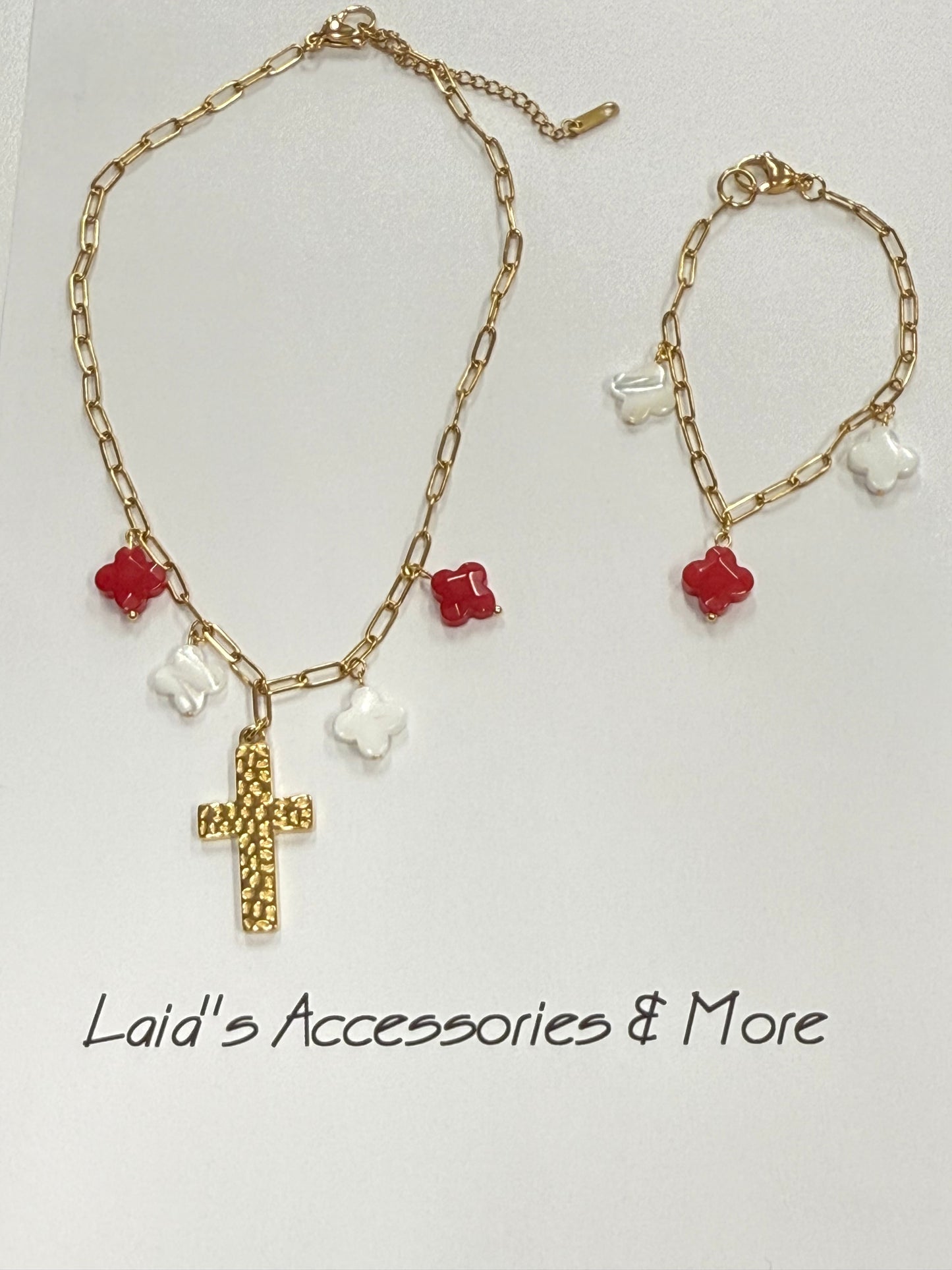 Red and White Cross Charms Necklace & bracelet